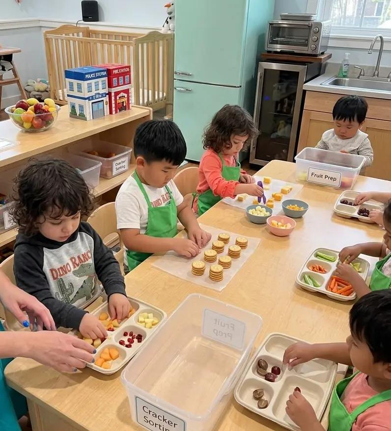 child helping prepare snack in daycare