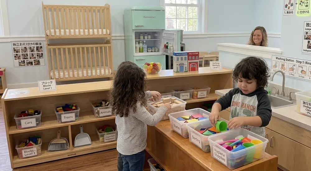 child cleaning up toys independently in daycare