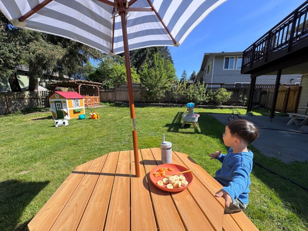 Child eating healthy snacks during outdoor mealtime at Kido Heaven Daycare in Bothell