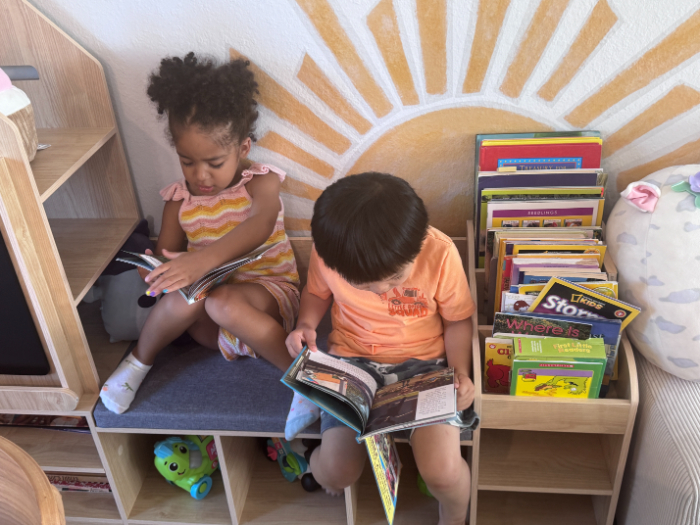Cozy daycare reading corner with low shelves and colorful board books  
