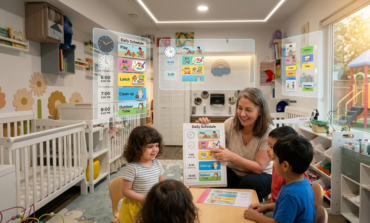 Caregiver guiding children through daily schedule