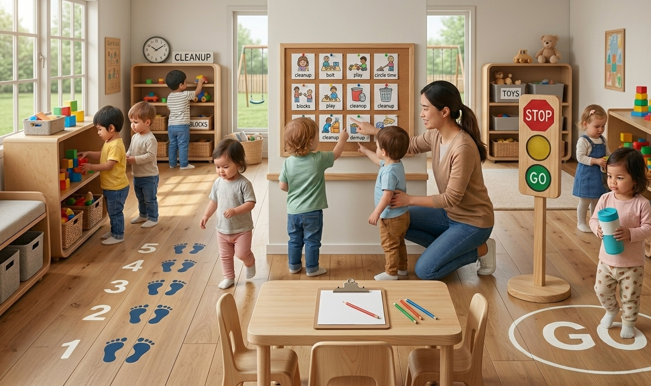 Structured daycare classroom with transition cues visible