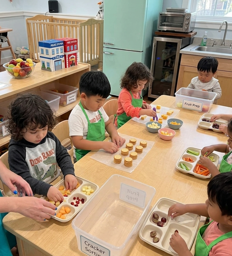 child helping prepare snack in daycare