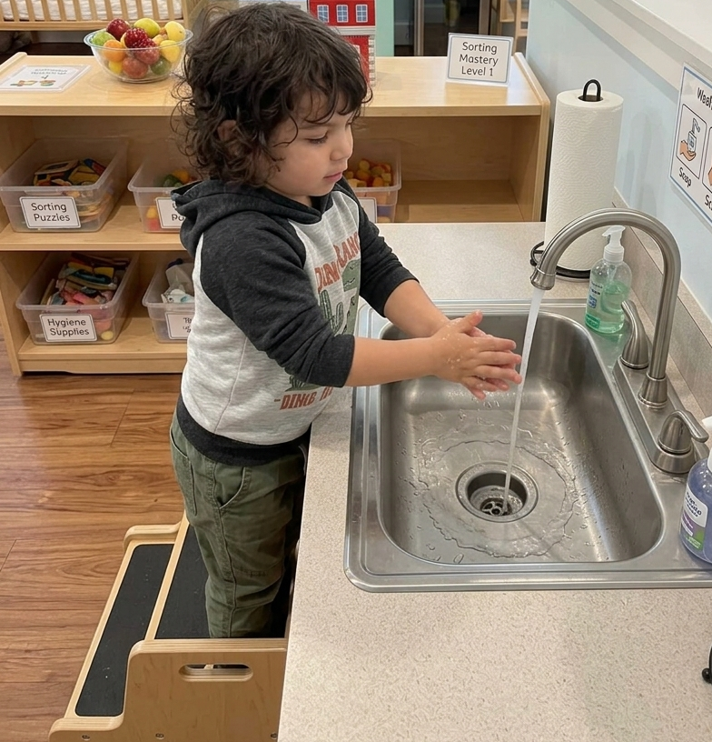 toddler washing hands without assistance
