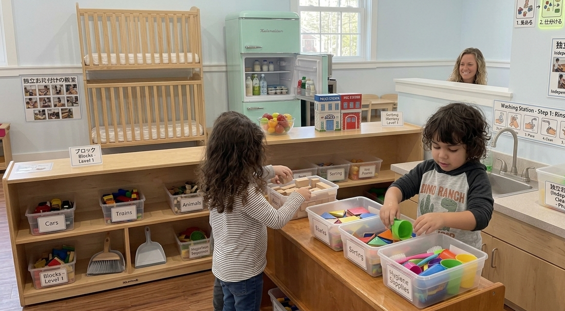 child cleaning up toys independently in daycare