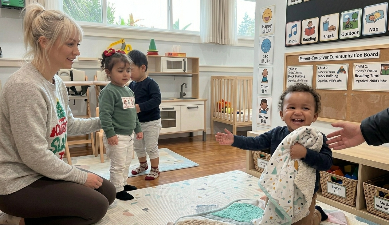 parent comforting child at daycare drop off